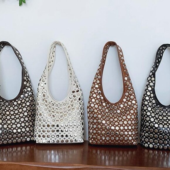 Women's PU Leather Studded Shoulder Bag Tote Purse Hobo Crossbody - Picture 2 of 7